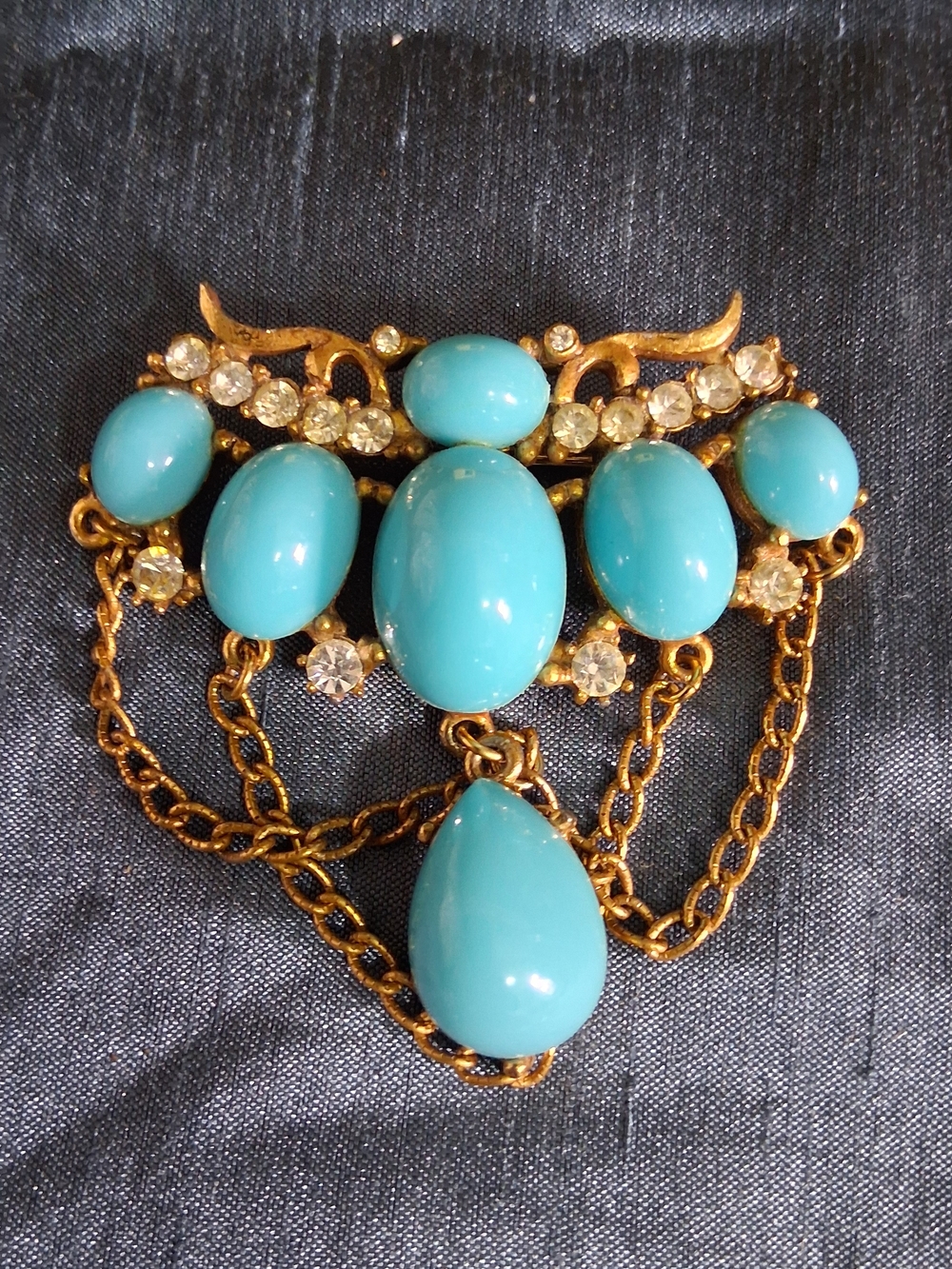 Vintage Gold-Tone Turquoise Style Cabochon Fringe Brooch - Women Jewelry